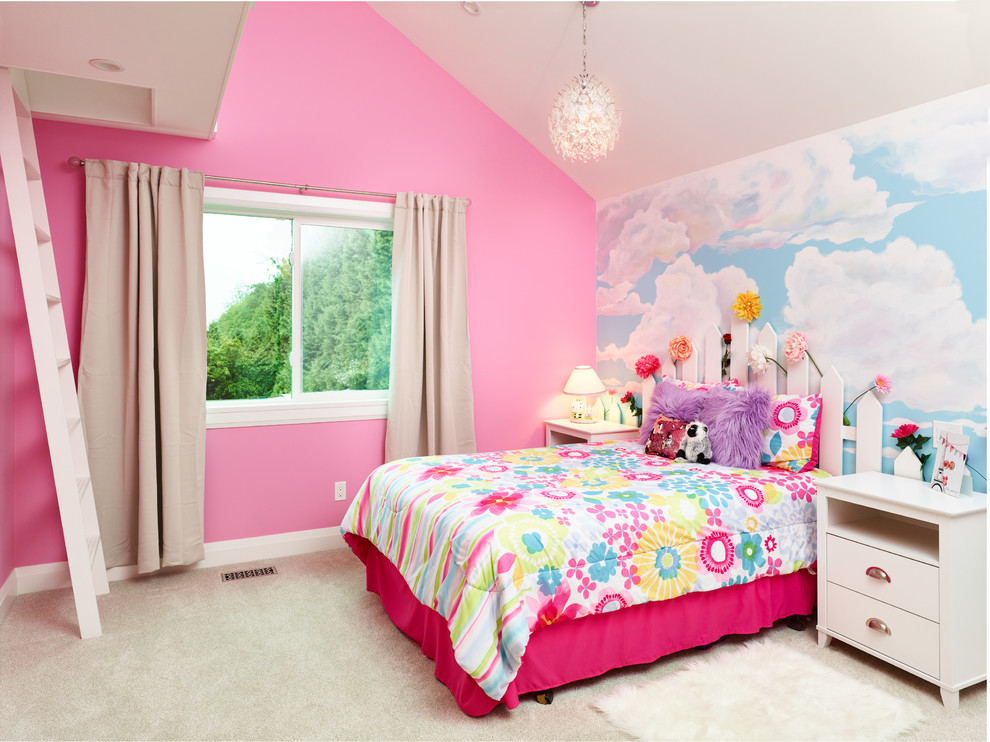 This is an example of a large transitional bedroom in Vancouver with pink walls, carpet, no fireplace and beige floor.