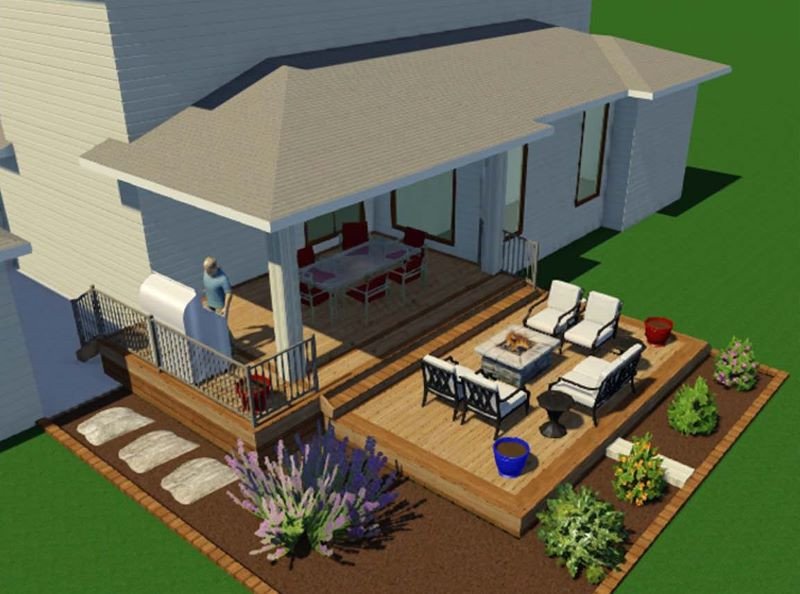 Large backyard ground level metal railing deck photo with a roof extension
