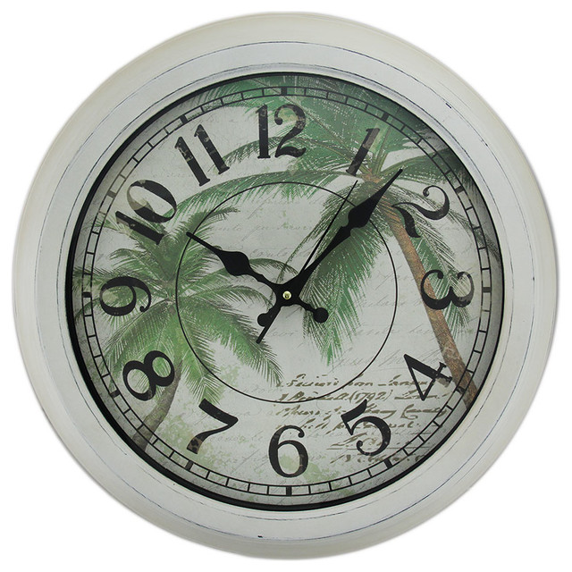 Palm Trees Postcard Print Distressed Round Metal Wall Clock, 16