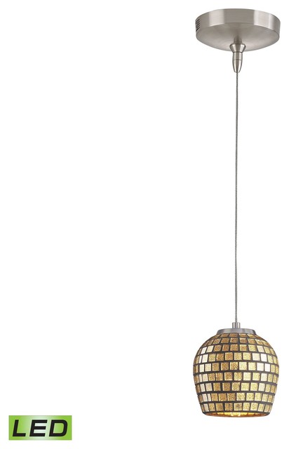 Low Voltage LED 1-Light Mini Pendant in Brushed Nickel and Gold Leaf Glass