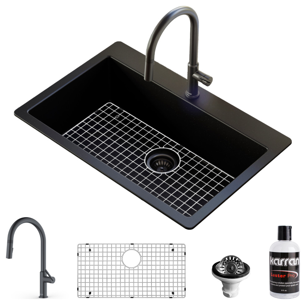 Karran QT-812 Top Mount 33" Single Bowl Quartz Sink, Black With Faucet