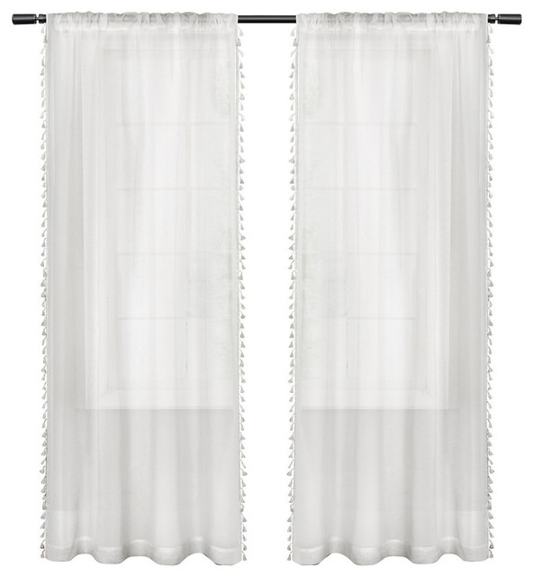 Tassels Sheer Bordered Tassel Applique, 54 X 96 White Curtains
