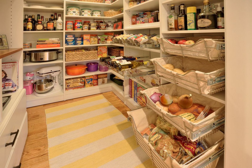 Kitchen pantry - large contemporary light wood floor kitchen pantry idea in New York with raised-panel cabinets and white cabinets