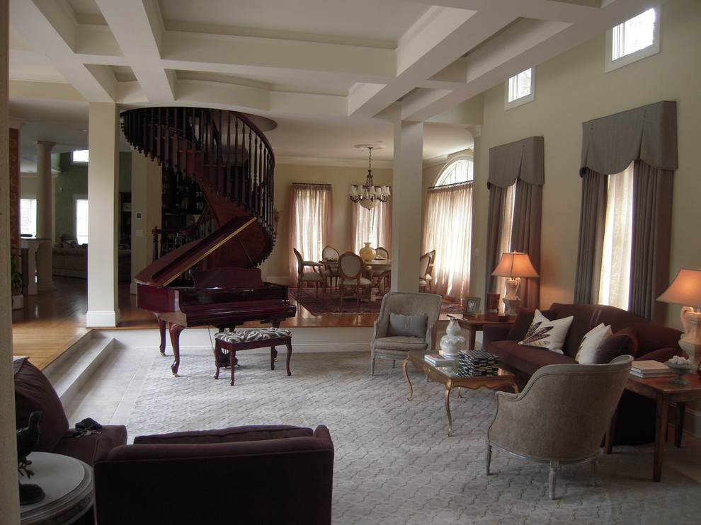 Design ideas for a transitional living room in Charlotte with a music area and beige walls.