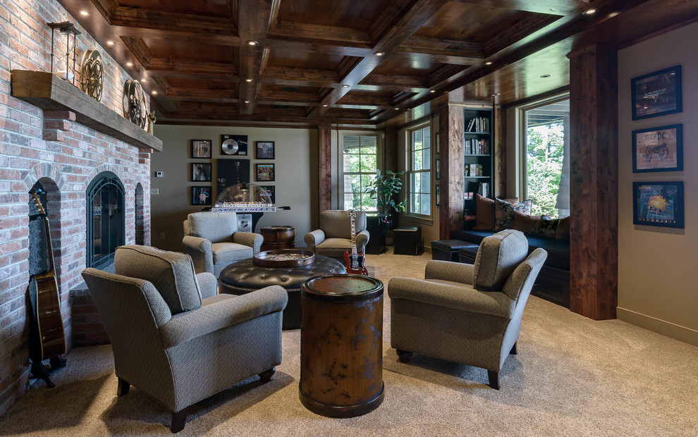 This is an example of a large traditional open concept family room in Boston with a game room, beige walls, carpet, a standard fireplace and a brick fireplace surround.