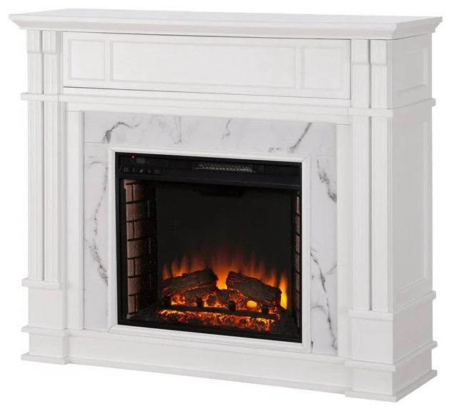 Elegant White TV Stand with Faux Marble Electric Fireplace and Hidden Storage - Traditional ...