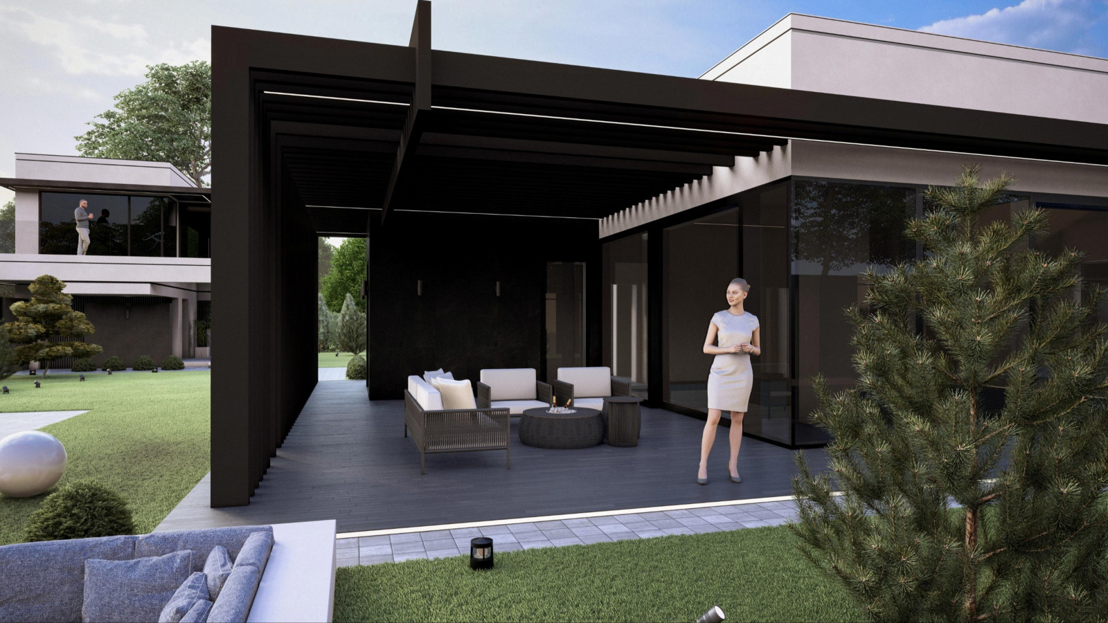 Проект фасада  и ландшафта для дома с плоской крышей