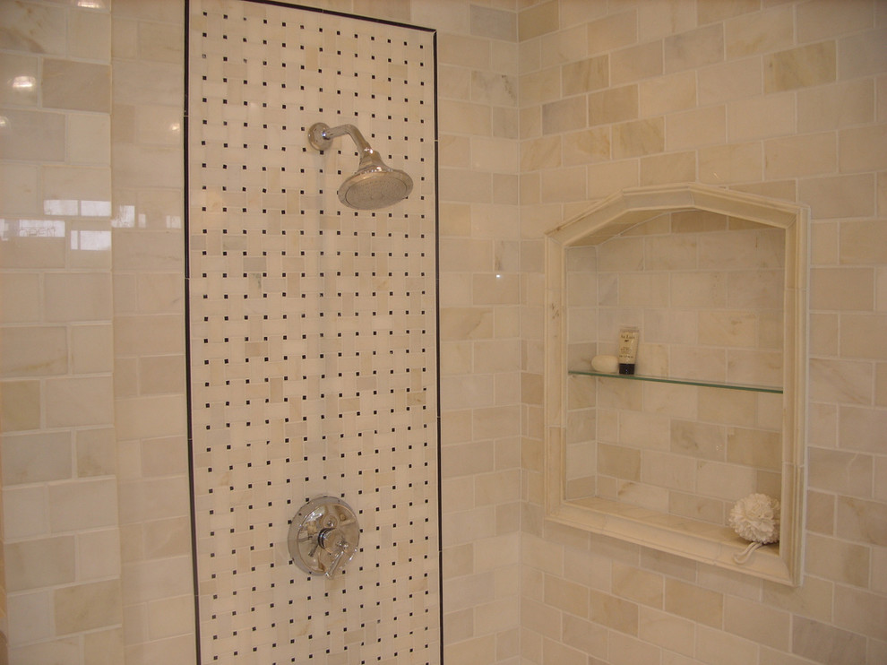 Photo of a mid-sized traditional master bathroom in Boston with a corner shower, white tile, subway tile and marble floors.