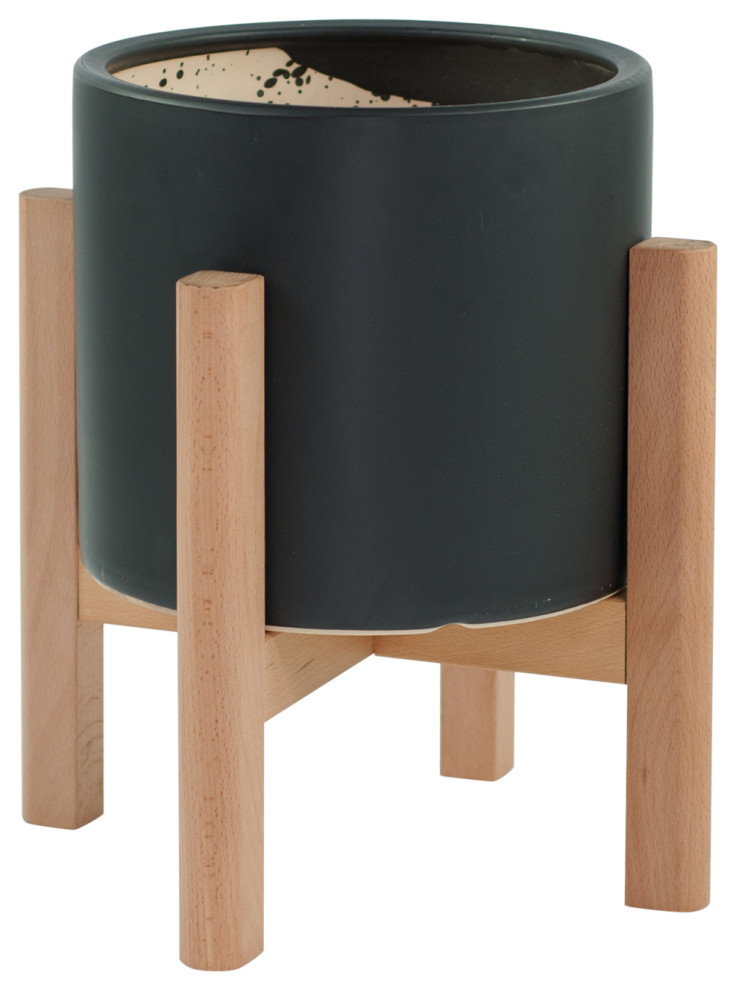 Large Ceramic Cylinder Planter 10'' Black With Wood Plant Stand Natural