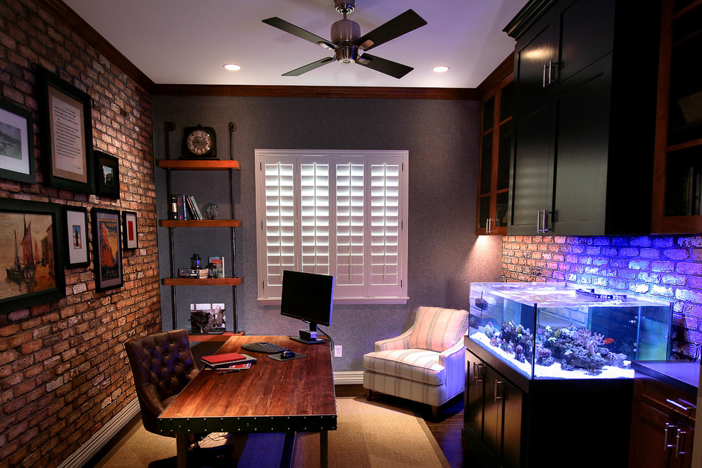 Mid-sized industrial study room in Other with grey walls, a freestanding desk and dark hardwood floors.