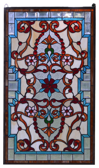 Handcrafted Jeweled Beveled stained glass window panel. 20.5