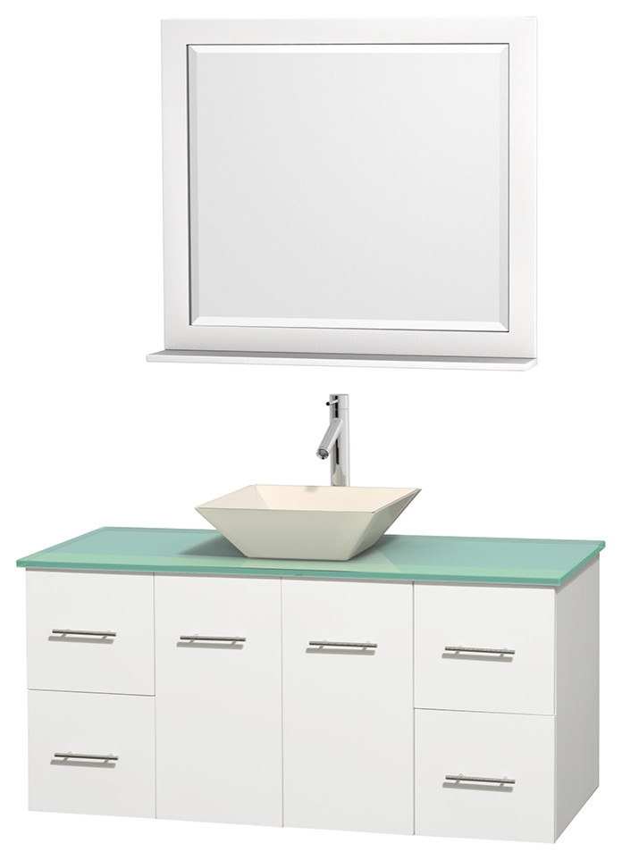 Centra 48" White Single Vanity, Green Glass Countertop, Pyra Bone Porcelain Sink