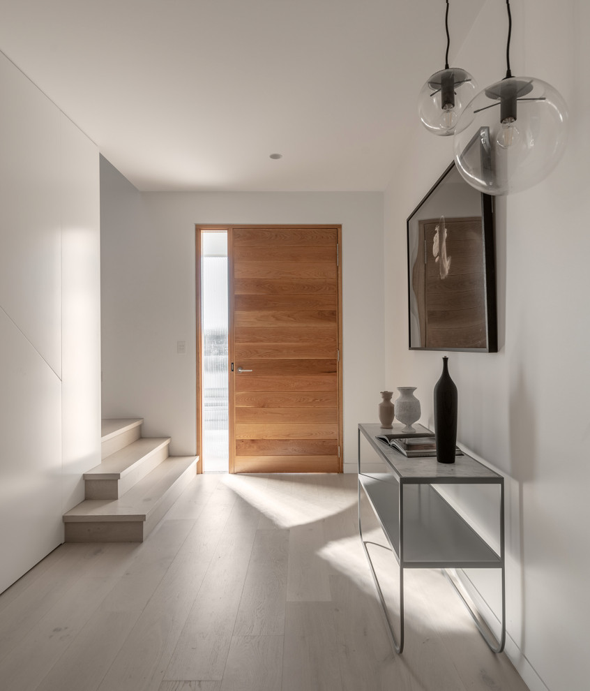 Inspiration for a large contemporary vestibule in Sydney with white walls, light hardwood floors and a medium wood front door.