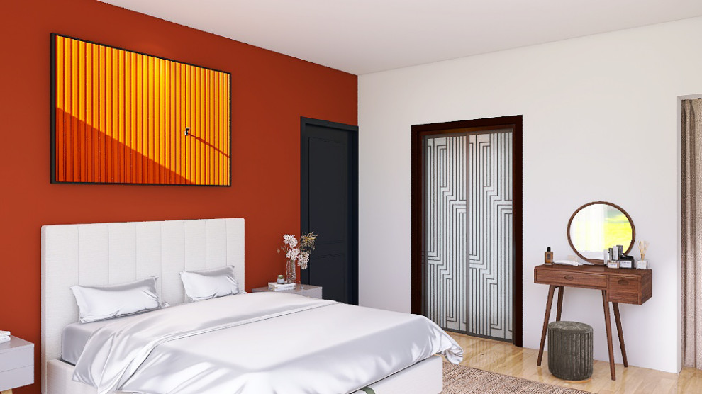 Foto de dormitorio principal contemporáneo de tamaño medio sin chimenea con parades naranjas, suelo de madera clara y suelo marrón