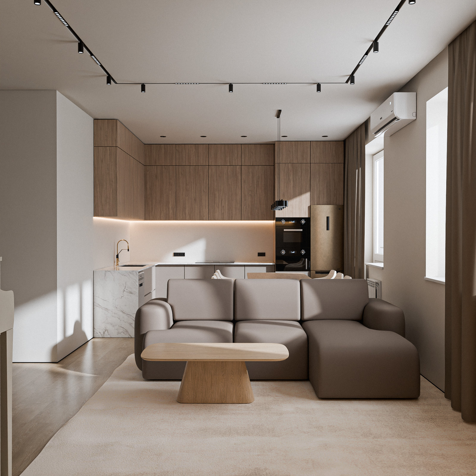 Дизайн визуализация кухни-гостиной 28 кв.м.