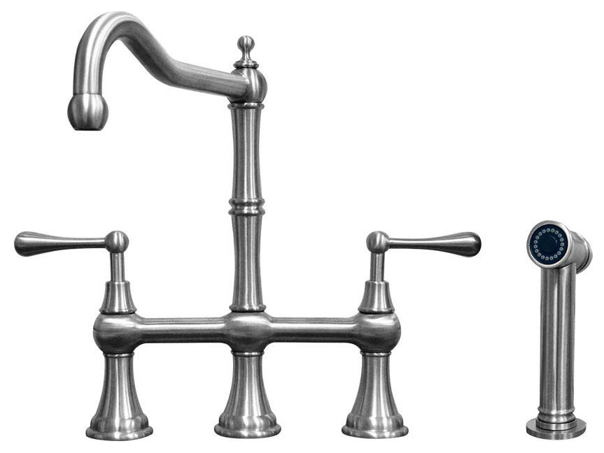 Solid Stainless Steel Bridge Faucet, a Spout, Lever Handles, Side Spray