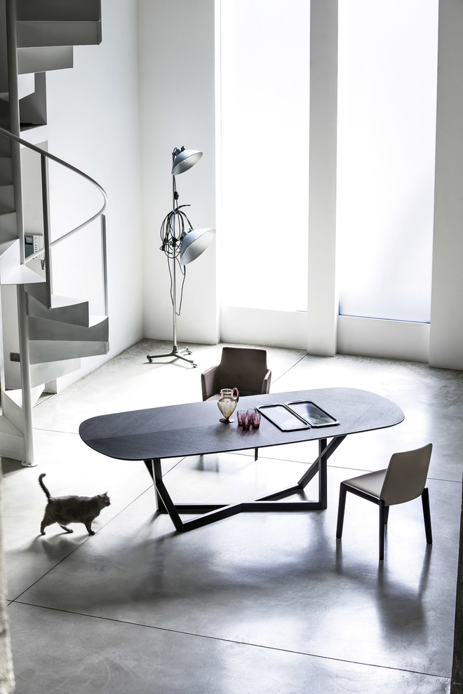 Example of a large minimalist concrete floor and gray floor kitchen/dining room combo design in Newark with white walls and no fireplace
