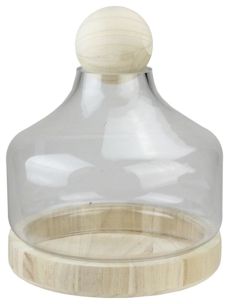 11.75" Transparent Glass Hurricane With Decorative Wooden Lid and Base