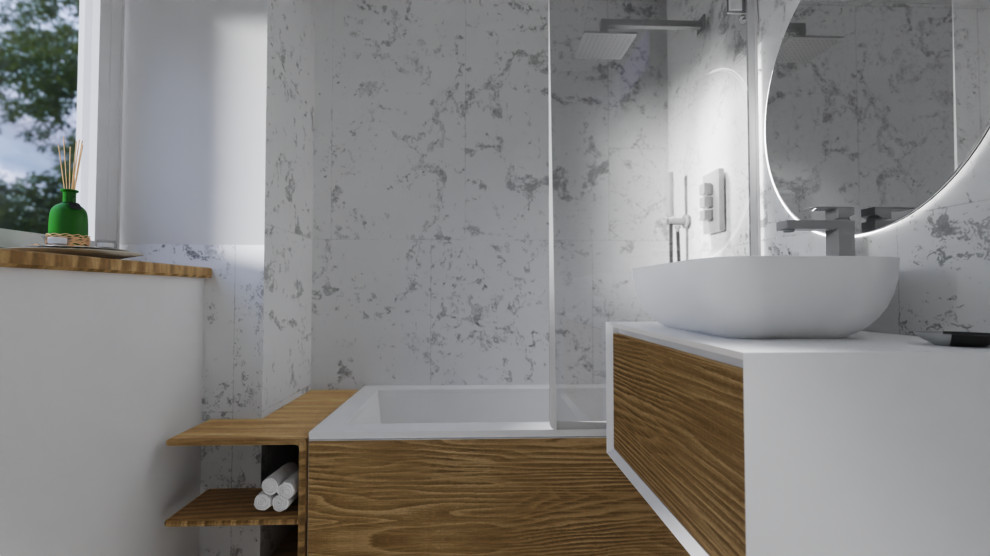 Пример оригинального дизайна: маленькая детская ванная комната: освещение в стиле модернизм с плоскими фасадами, коричневыми фасадами, накладной ванной, унитазом-моноблоком, серой плиткой, керамической плиткой, серыми стенами, полом из керамической плитки, настольной раковиной, столешницей из ламината, серым полом, коричневой столешницей, тумбой под одну раковину, подвесной тумбой и многоуровневым потолком для на участке и в саду