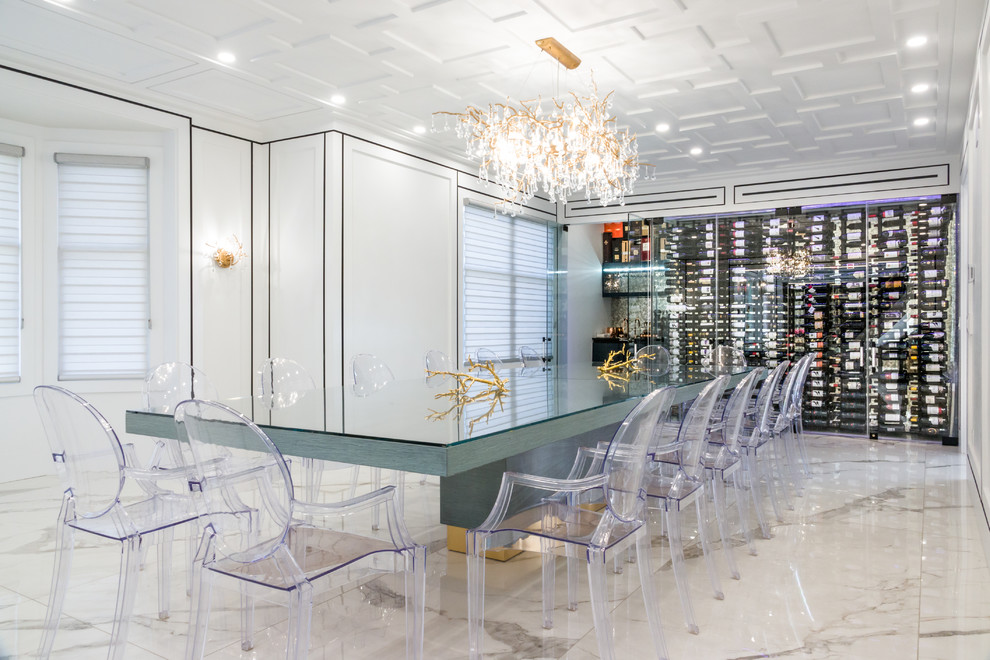 Inspiration for a mid-sized contemporary wine cellar in New York with marble floors, display racks and white floor.