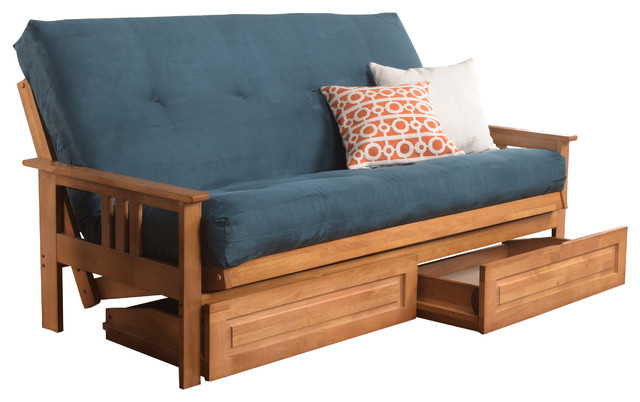 Caleb Frame Futon With Butternut Finish, Storage Drawers, Suede Blue