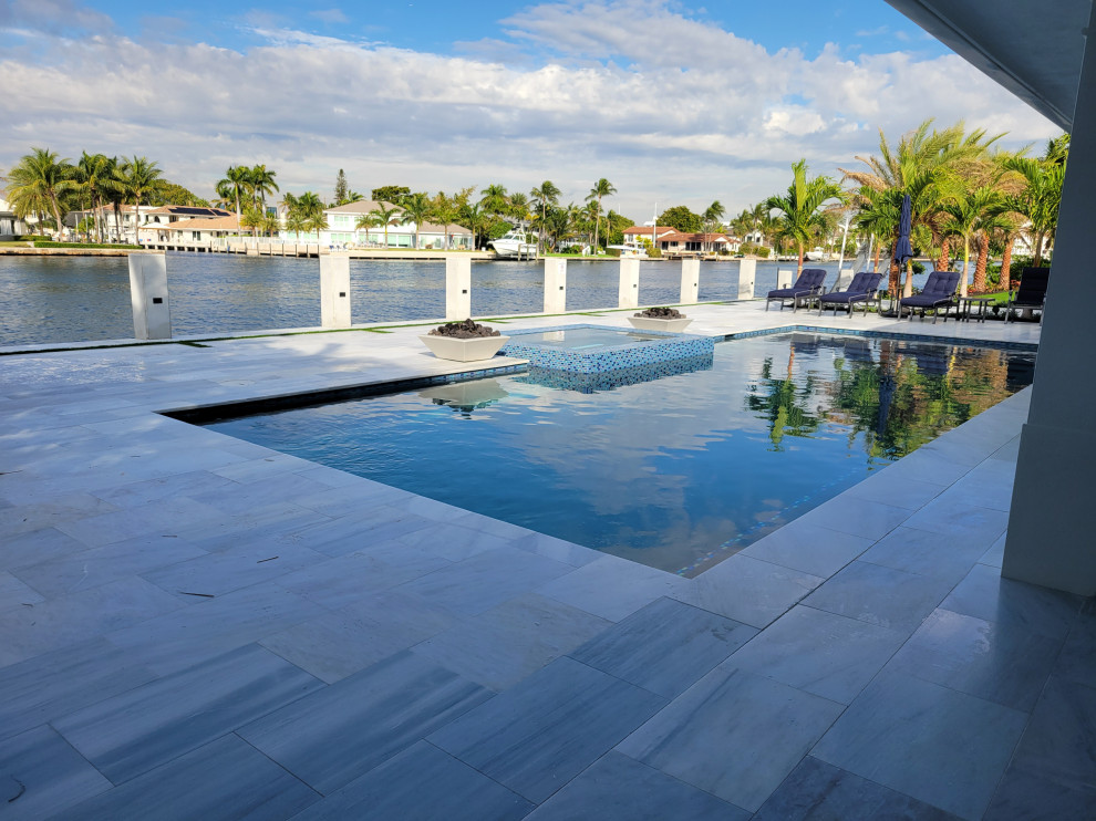 Idee per un'ampia piscina a sfioro infinito moderna rettangolare dietro casa con paesaggistica bordo piscina e pavimentazioni in pietra naturale