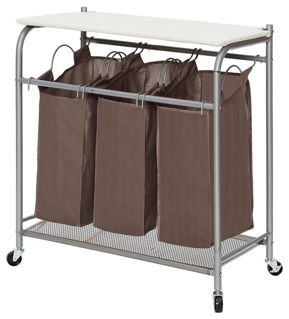 StorageManiac 3 Liftoff Bags Laundry Sorter with Ironing Board, Rolling Hamper Contemporary