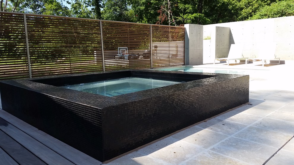 This is an example of a mid-sized modern courtyard rectangular natural pool in St Louis with a hot tub and tile.