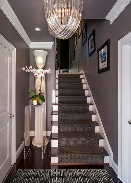 Inspiration for a small transitional dark wood floor foyer remodel in Houston with gray walls