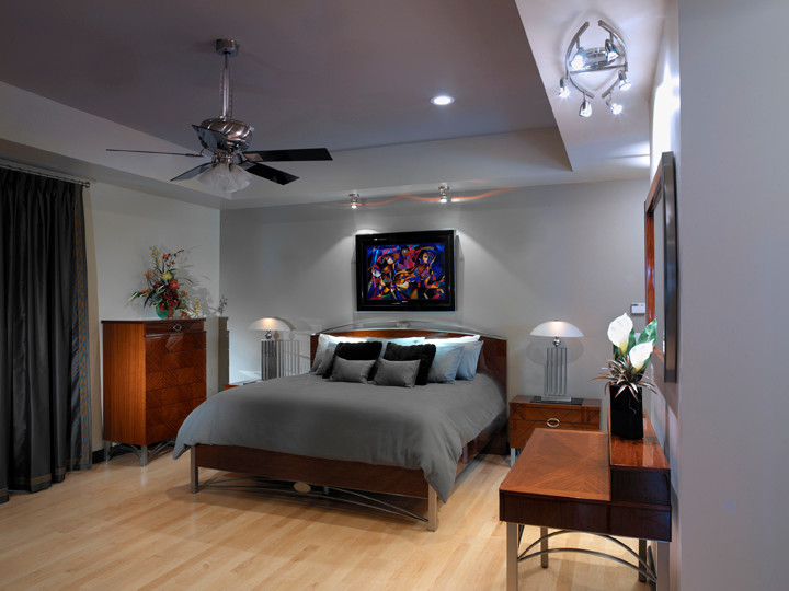 This is an example of a contemporary master bedroom in Other with grey walls and light hardwood floors.