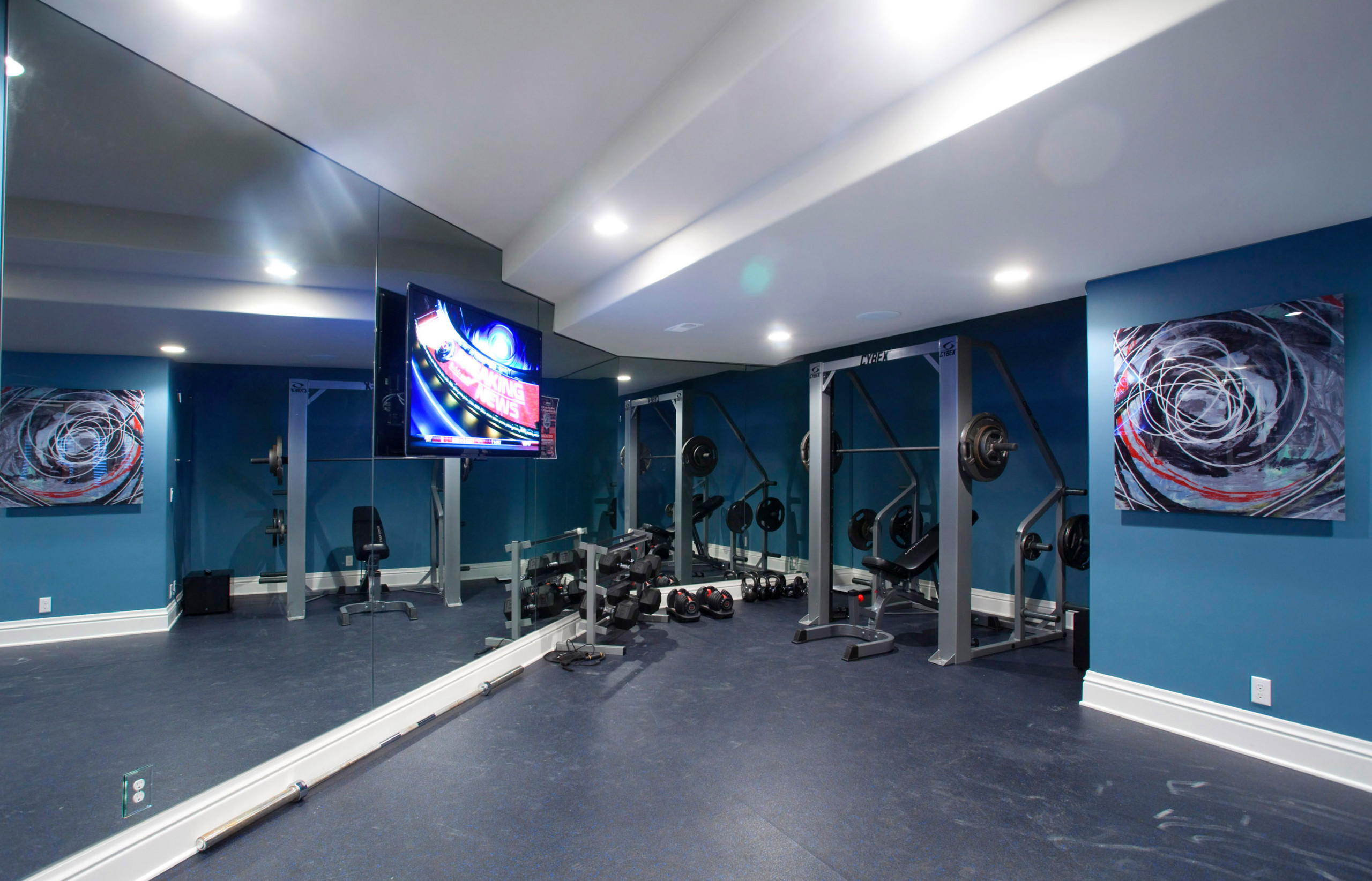 75 Blue Floor Home Gym Ideas You'll Love - January, 2026 | Houzz, image size:2560x1644