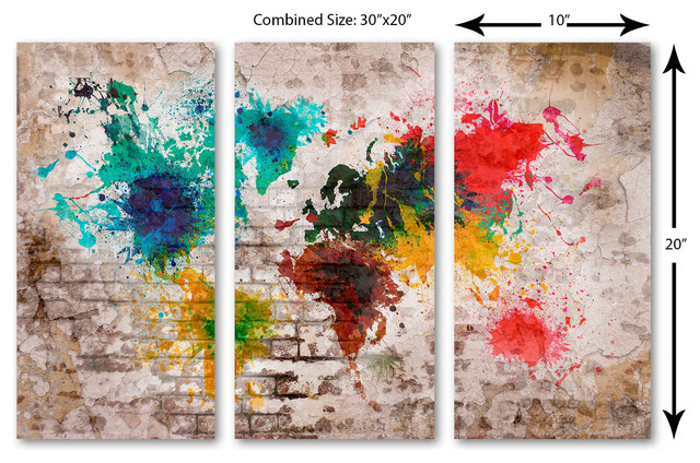 Beige Brick Wall Art World Map Canvas Print, 3 Panel Split, Triptych ...