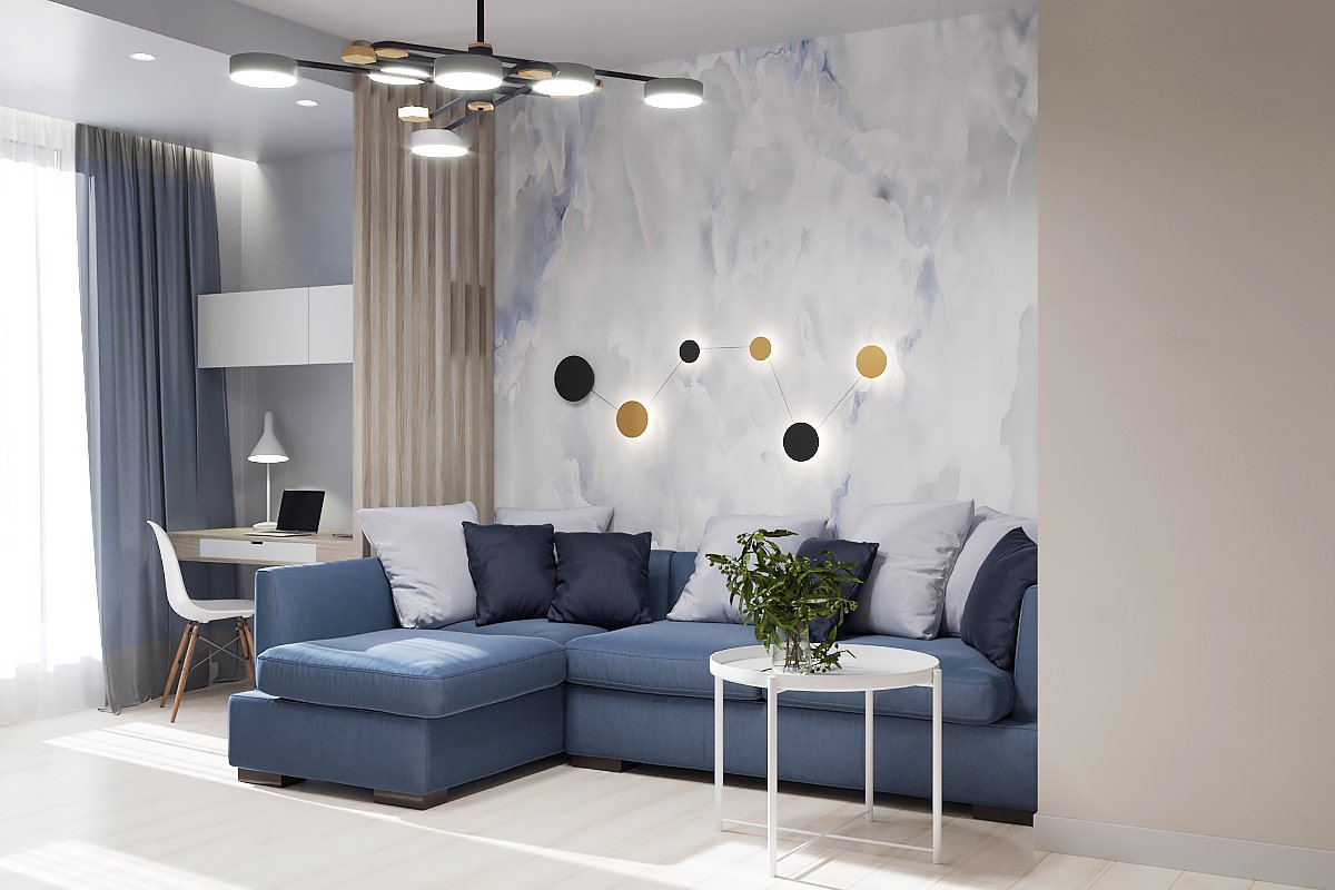 Уютная и светлая гостиная с рабочим местом