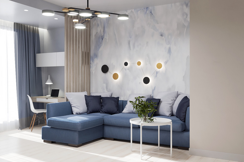 Уютная и светлая гостиная с рабочим местом