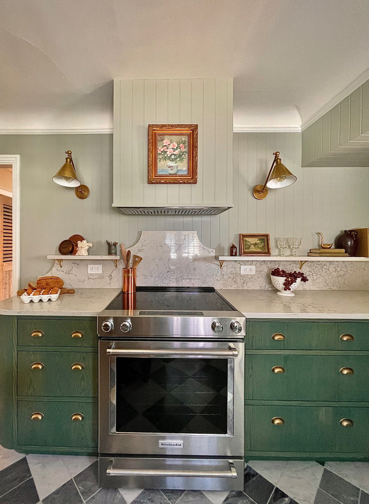 Mid-sized transitional marble floor and multicolored floor kitchen photo with shaker cabinets, green cabinets, quartz countertops, white backsplash, quartz backsplash, stainless steel appliances and white countertops