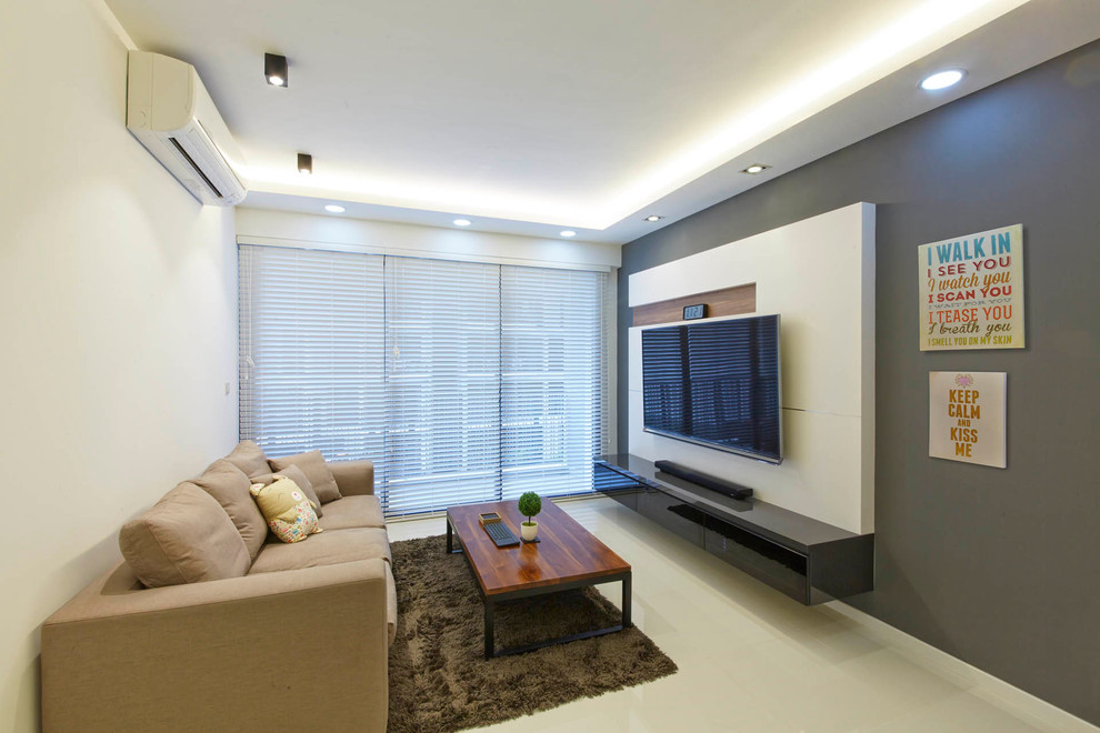 Photo of a mid-sized contemporary formal open concept living room in Singapore with grey walls, porcelain floors and a wall-mounted tv.