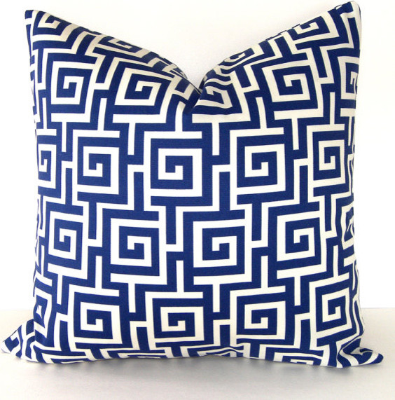 Greek Key Indoor And Outdoor Pillow Cover, Blue And Ivory By Loubella1
