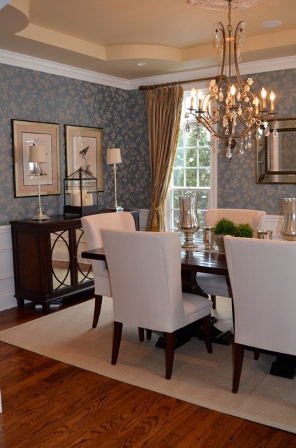Inspiration for a mid-sized transitional dark wood floor enclosed dining room remodel in Chicago with blue walls and no fireplace