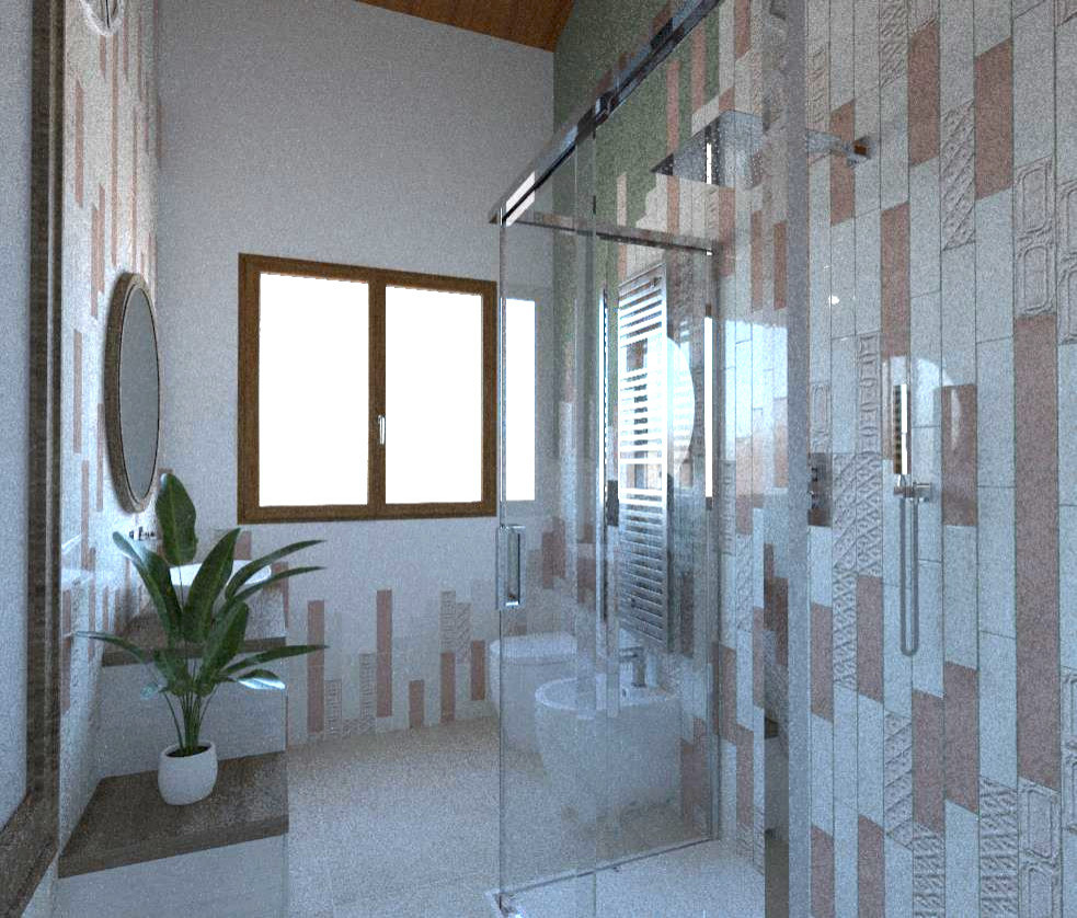 Inspiration för små klassiska brunt badrum med dusch, med möbel-liknande, beige skåp, en kantlös dusch, grå kakel, stickkakel, flerfärgade väggar, marmorgolv, ett fristående handfat, träbänkskiva, rosa golv och dusch med skjutdörr
