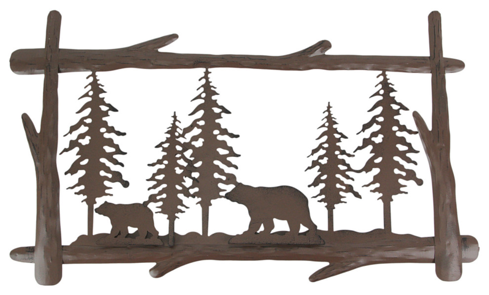 Rustic Brown Metal Black Bears in Forest Silhouette Wall Hanging, One