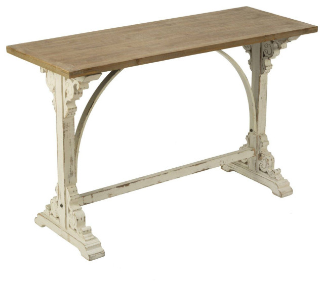 Farmhouse Console Table, Scrolled Base & Arched Accent, Distressed