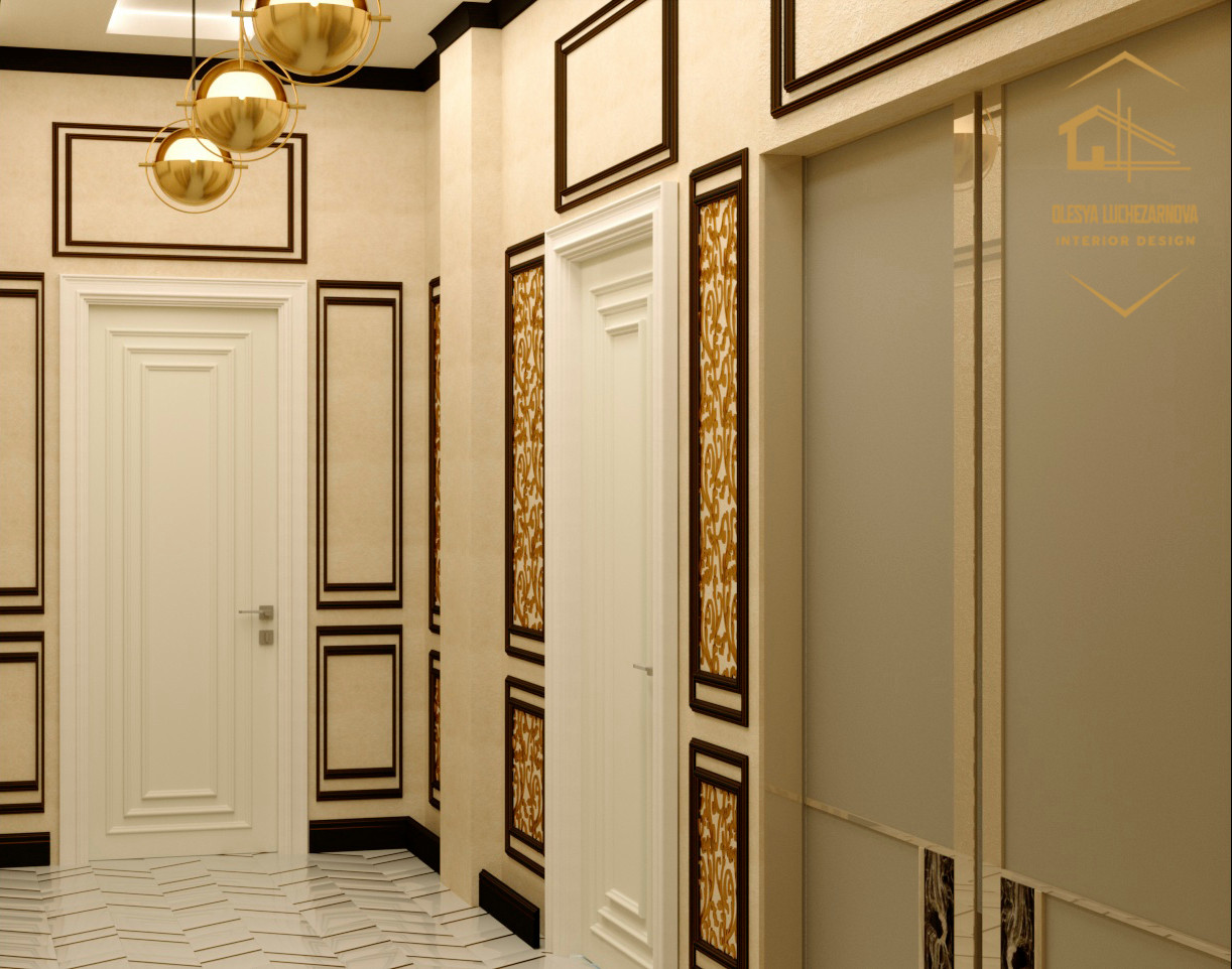 Холл из проекта квартиры в современном стиле с включением классики