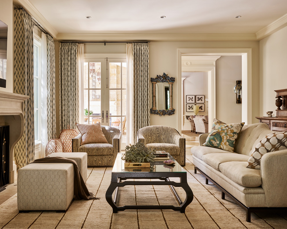 Traditional enclosed living room in Dallas with beige walls.
