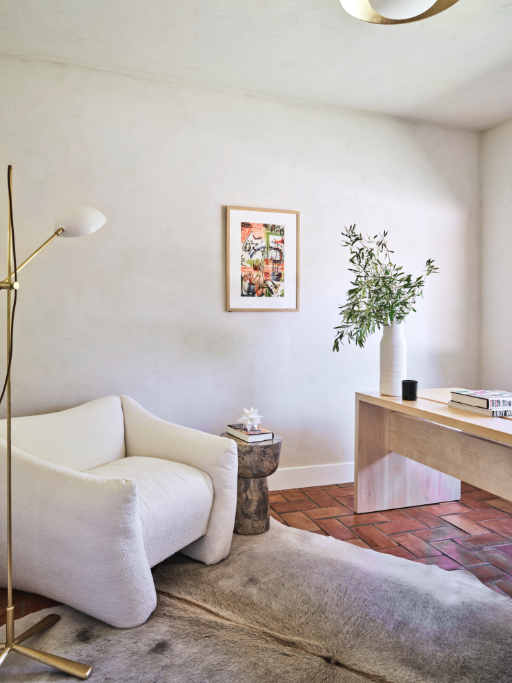 Spanish Modern - Home office - mid-sized transitional freestanding desk terra-cotta tile home office idea in Los Angeles with white walls
