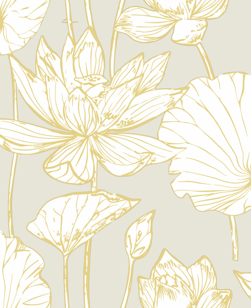 GW2018 Golden Oriental Lotus Flower Peel and Stick Wallpaper 20.5 inch