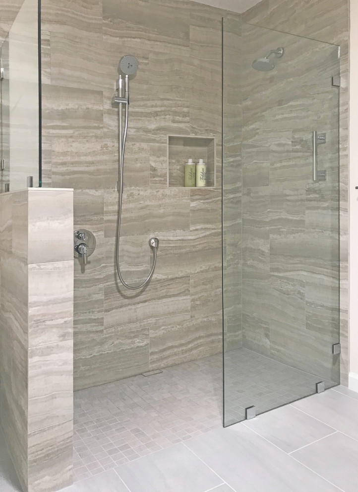 This is an example of a mid-sized modern 3/4 bathroom in Portland with shaker cabinets, white cabinets, a curbless shower, a bidet, multi-coloured tile, porcelain tile, multi-coloured walls, porcelain floors, a drop-in sink, granite benchtops, grey floor, an open shower and multi-coloured benchtops.