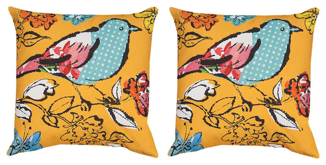 Pair of Sunny Day Flight Watercolor Bird Print In/Outdoor Throw Pillows