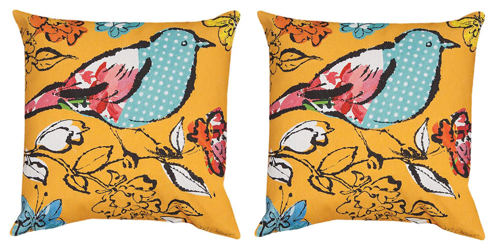 Pair of Sunny Day Flight Watercolor Bird Print In/Outdoor Throw Pillows