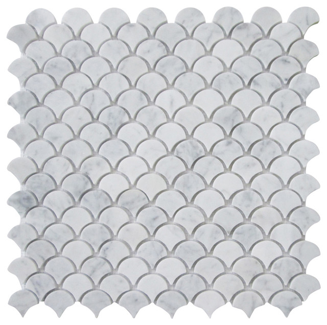 12 X12 Carrara White Medium Fish Scale Fan Shaped Mosaic Tile Honed 12 X12 Carrara White Medium Fish Scale Fan Shaped Mosaic Tile Honed