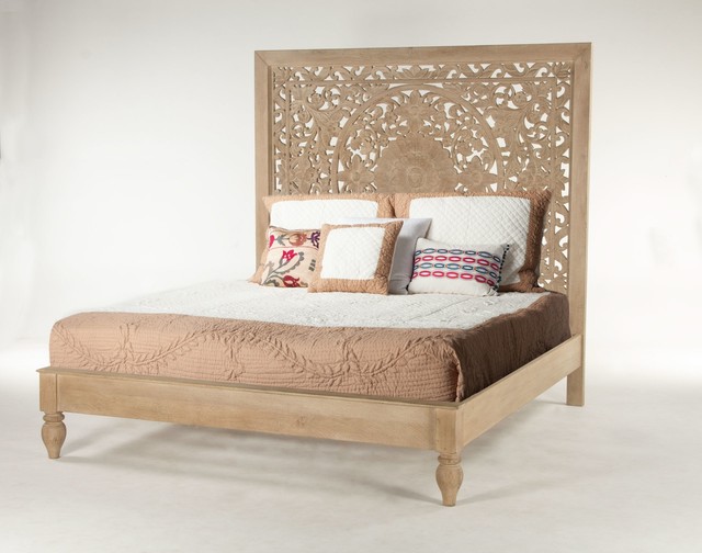 88" W King Bed Artisan Intricately Hand Carved Headboard Sustainable
